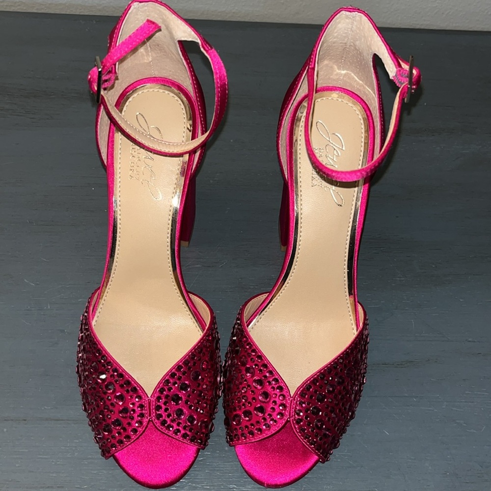Jewel Badgley Mischka Hot Pink Jeweled Satin Ankle-Strap Heels